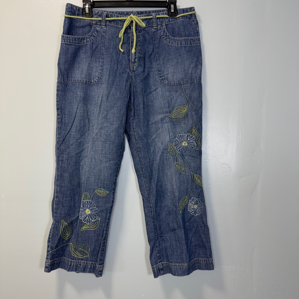 Sigrid Olsen Petite 10 Blue Floral Embroidered Crop Jeans Y2K Mid Rise Denim‎